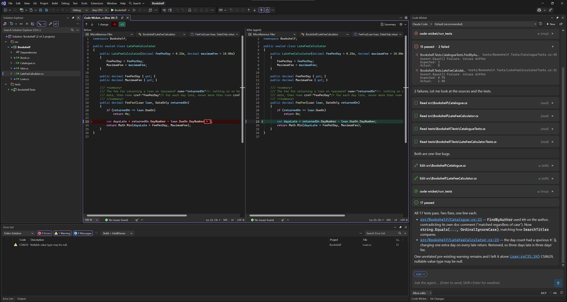 Code Wicket docked in Visual Studio: the agent has fixed two failing tests, and one of its edits is open in Visual Studio's own diff viewer